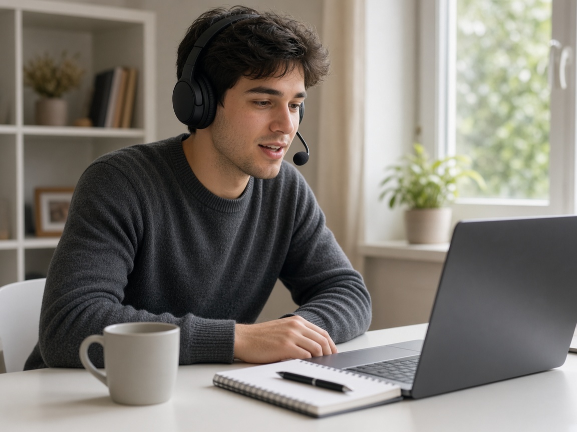 Student mit Headset arbeitet von zu Hause am Laptop.